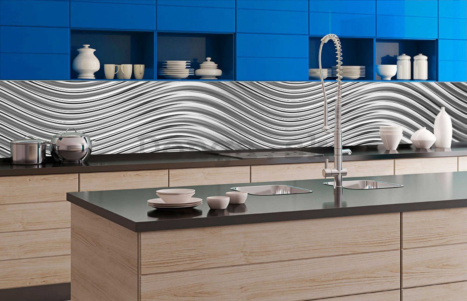 Samolepiaca umývateľná tapeta za kuchynskú linku - Strieborné vlnky, 350x60 cm