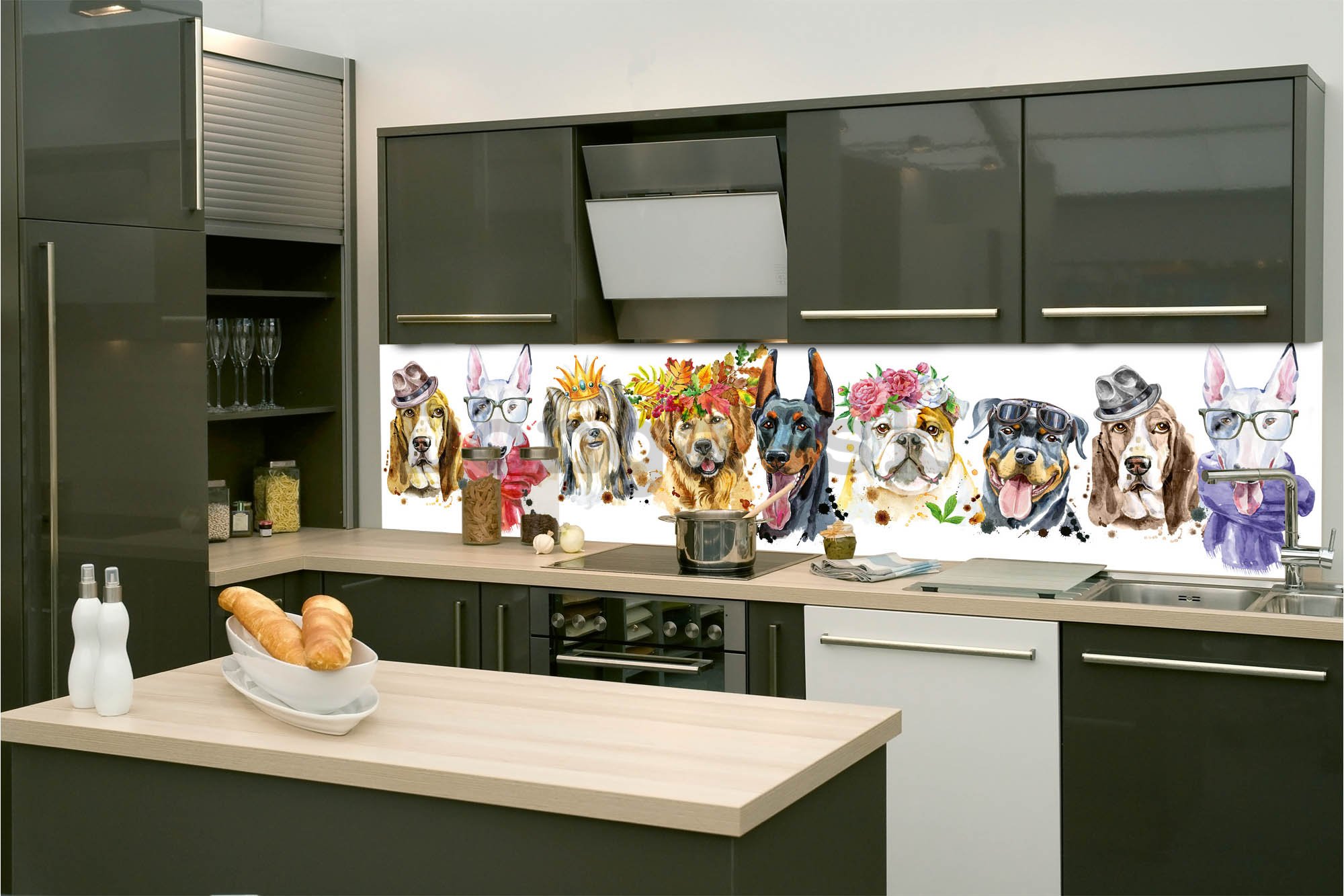 Samolepiaca umývateľná tapeta za kuchynskú linku - Portréty psov, 260x60 cm