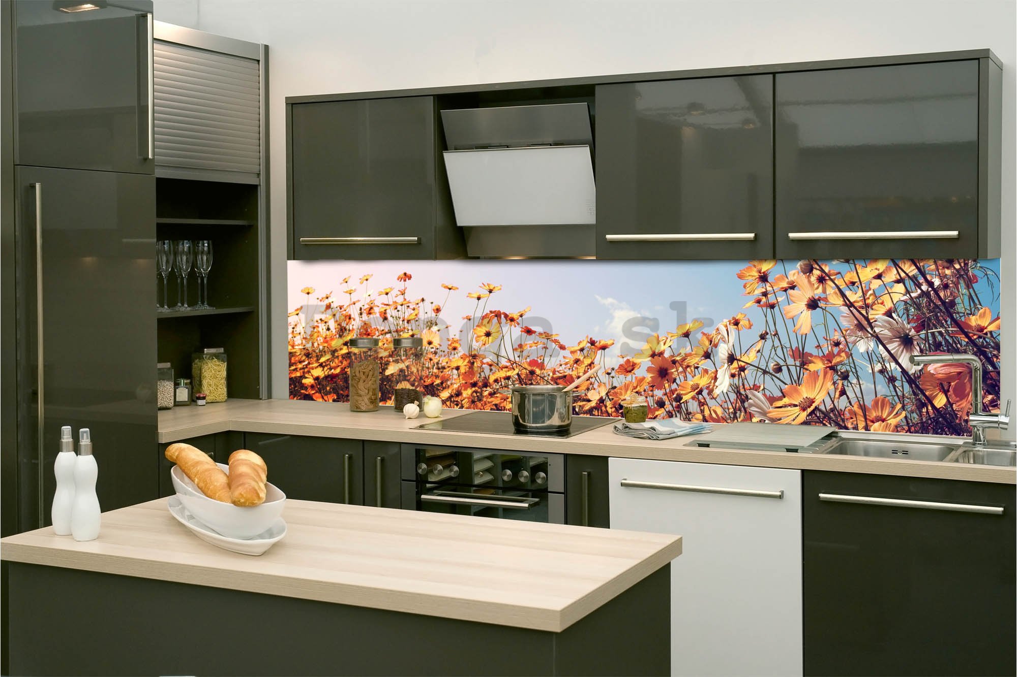 Samolepiaca umývateľná tapeta za kuchynskú linku - Kopretiny žlté, 260x60 cm