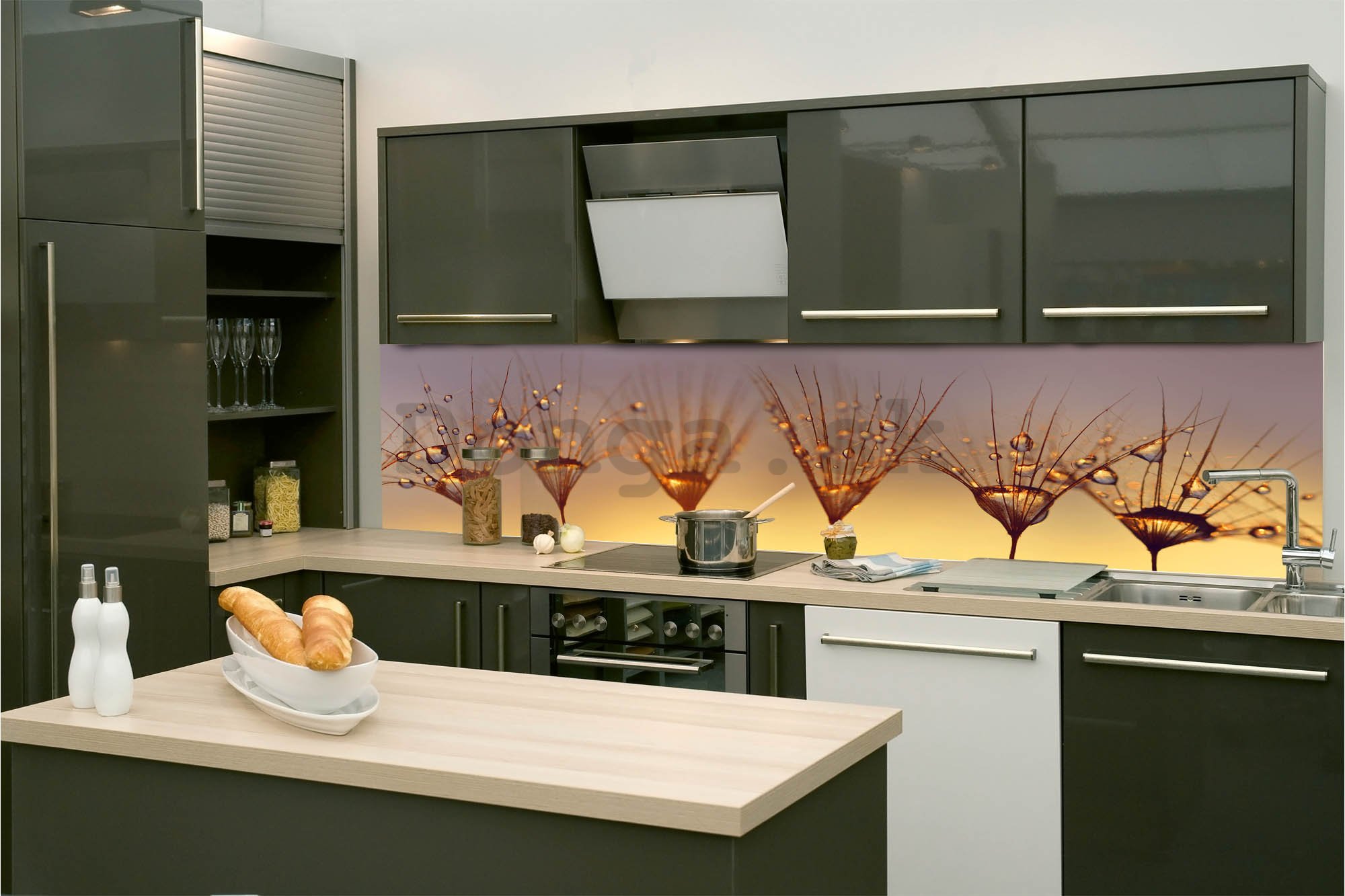 Samolepiaca umývateľná tapeta za kuchynskú linku - Kvapky na púpave, 260x60 cm