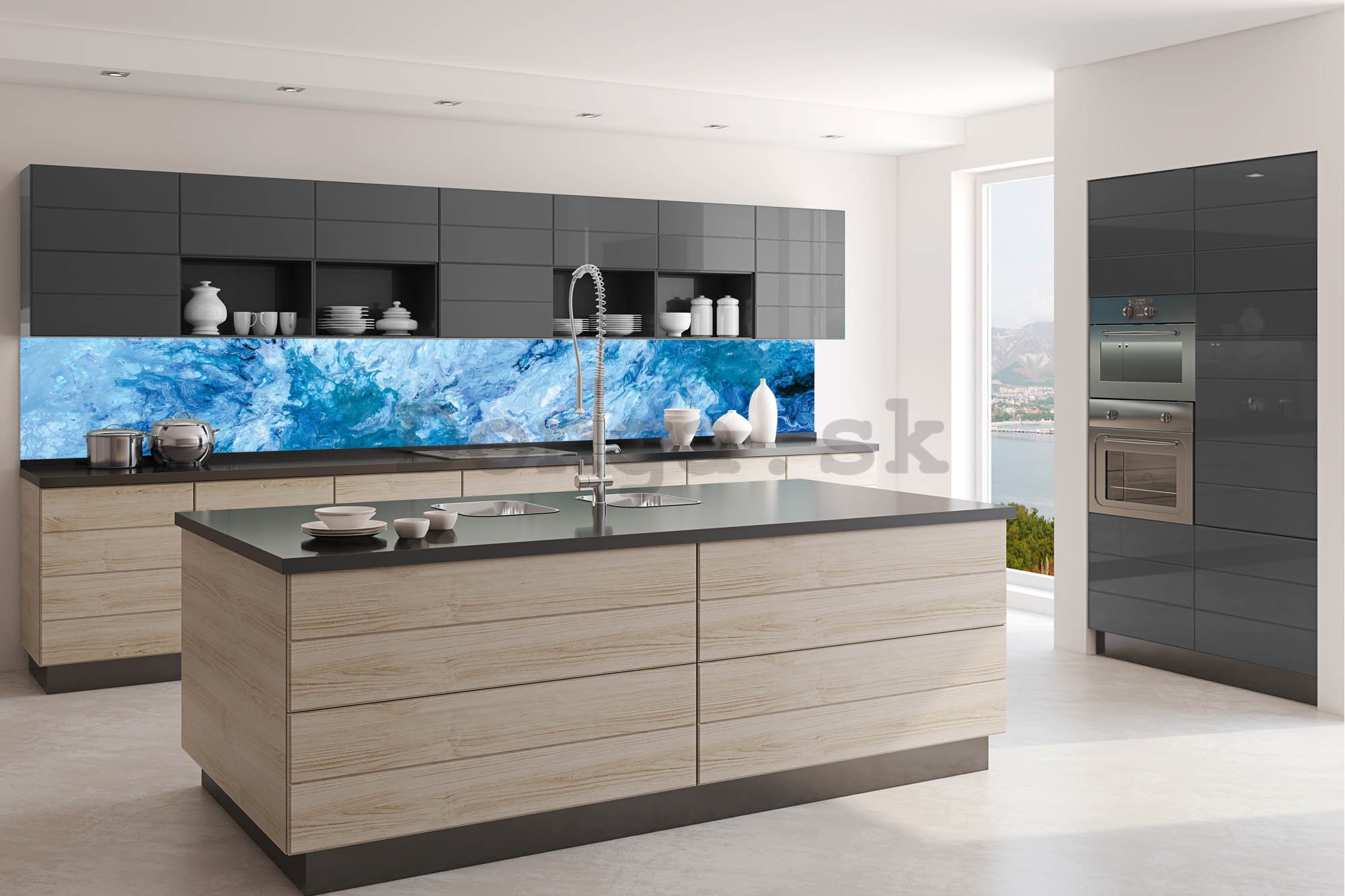 Samolepiaca umývateľná tapeta za kuchynskú linku - Modrý mramor, 350x60 cm