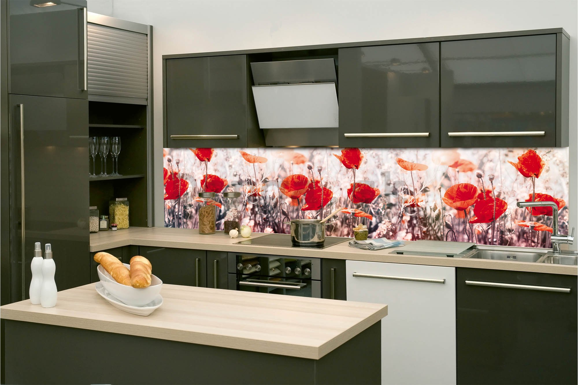 Samolepiaca umývateľná tapeta za kuchynskú linku - Kvety maku, 260x60 cm
