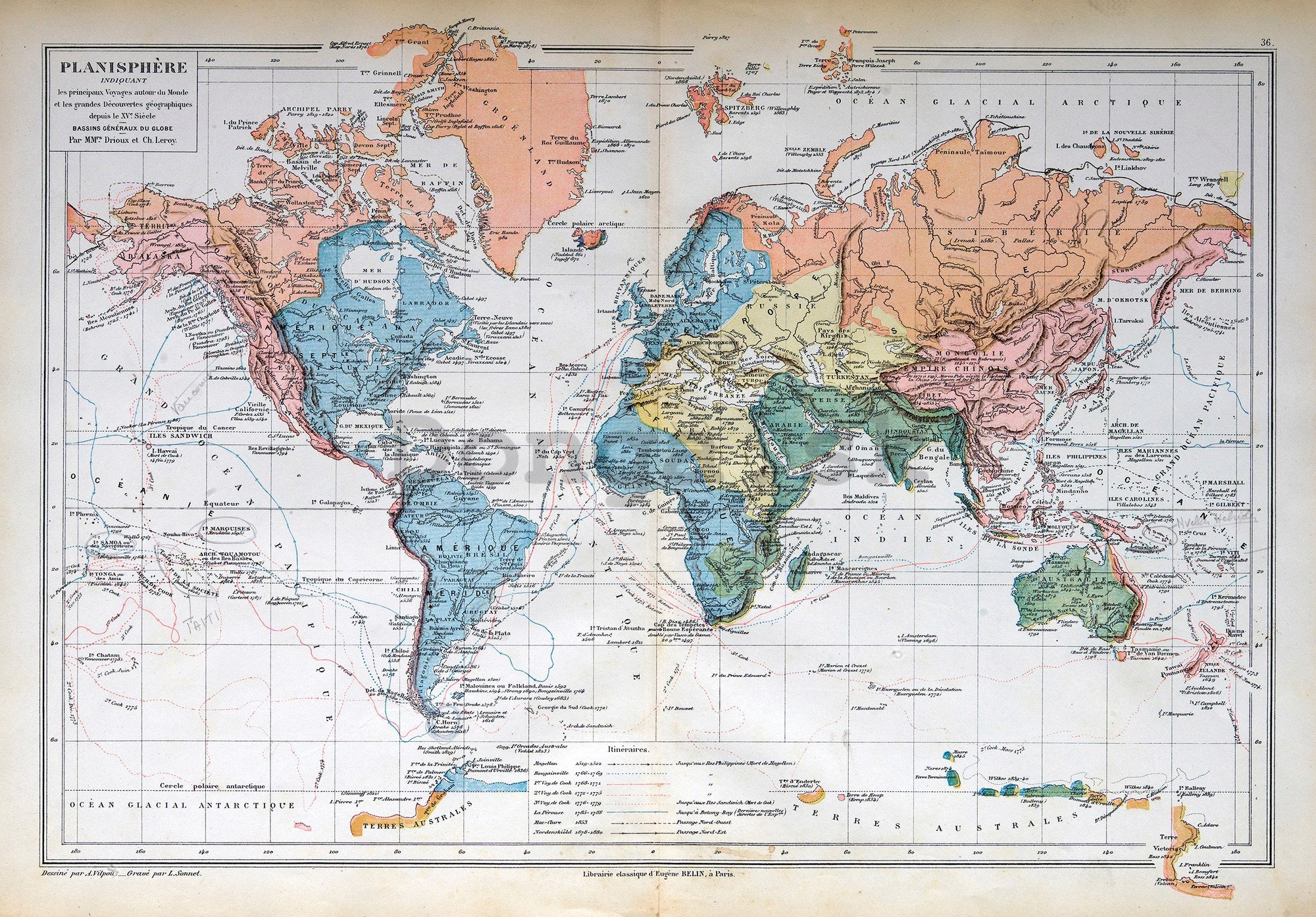 Fototapeta vliesová: Francúzska mapa sveta (Vintage) - 254x184 cm