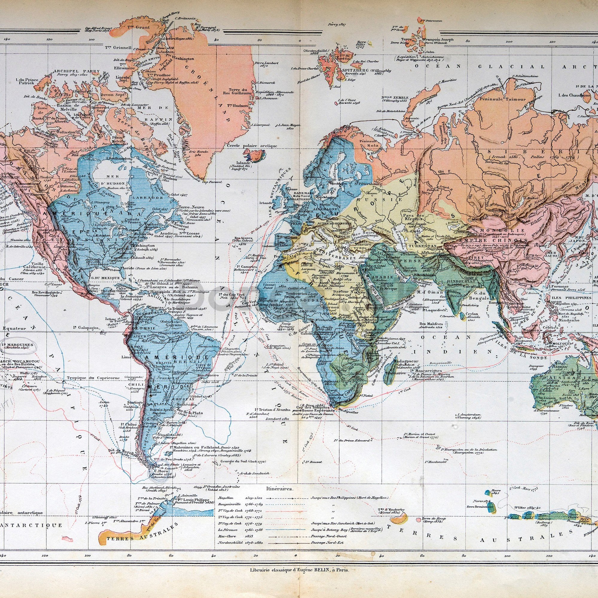 Fototapeta vliesová: Francúzska mapa sveta (Vintage) - 368x254 cm