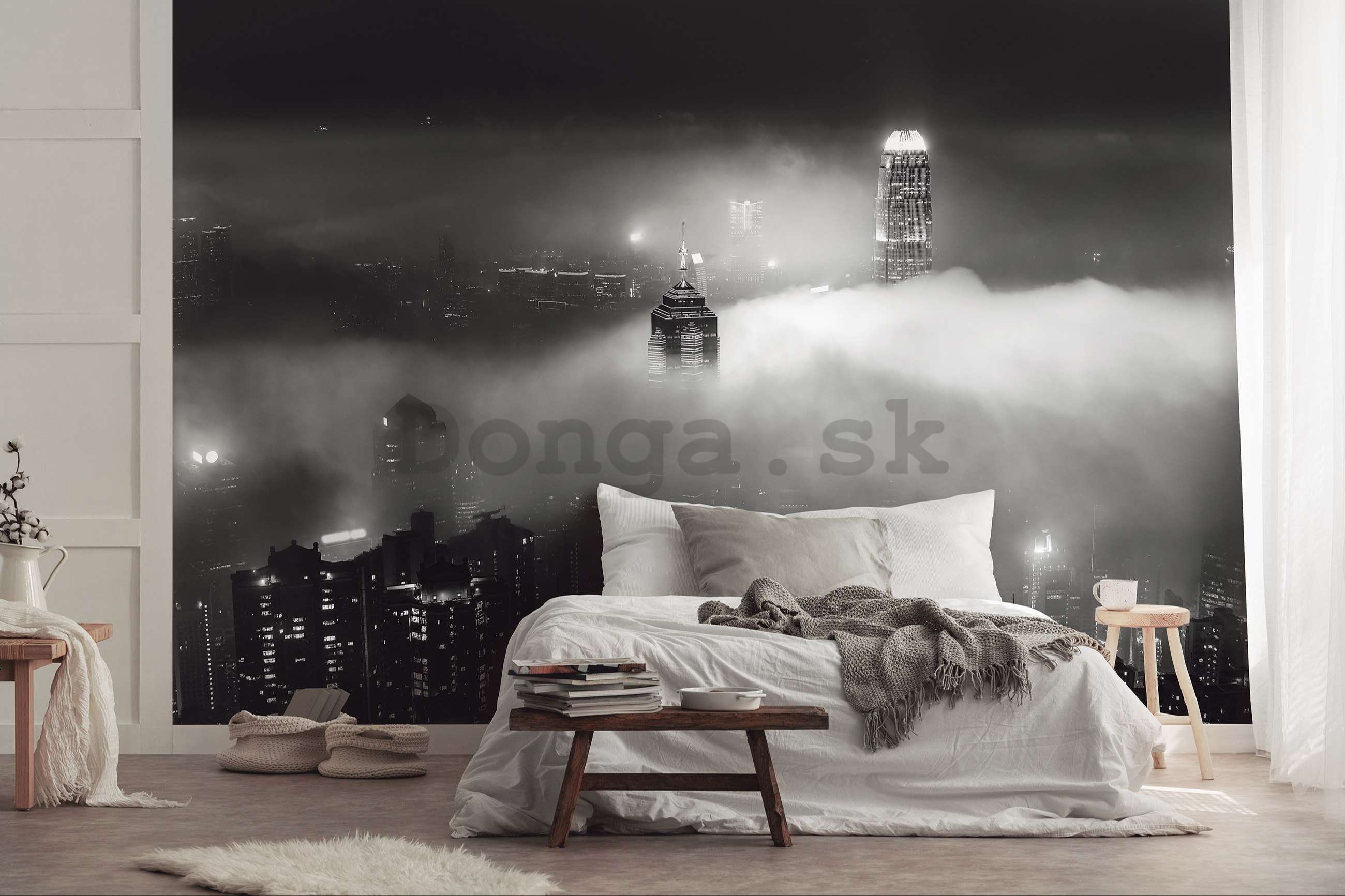 Fototapeta vliesová: Nočné mesto v hmle (čiernobiely) - 368x254 cm
