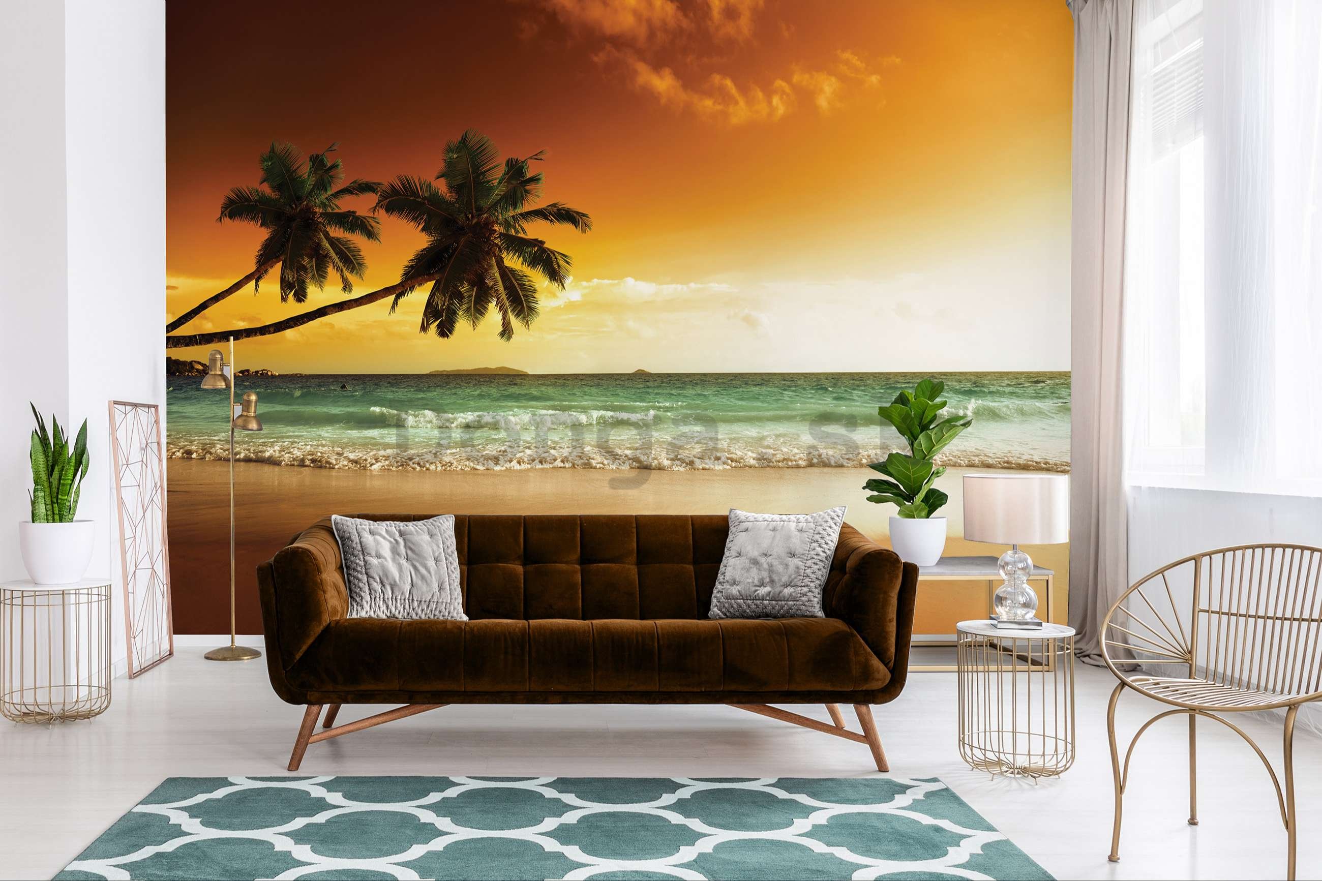 Fototapeta vliesová: Palmy a pláž pri západe slnka - 368x254 cm