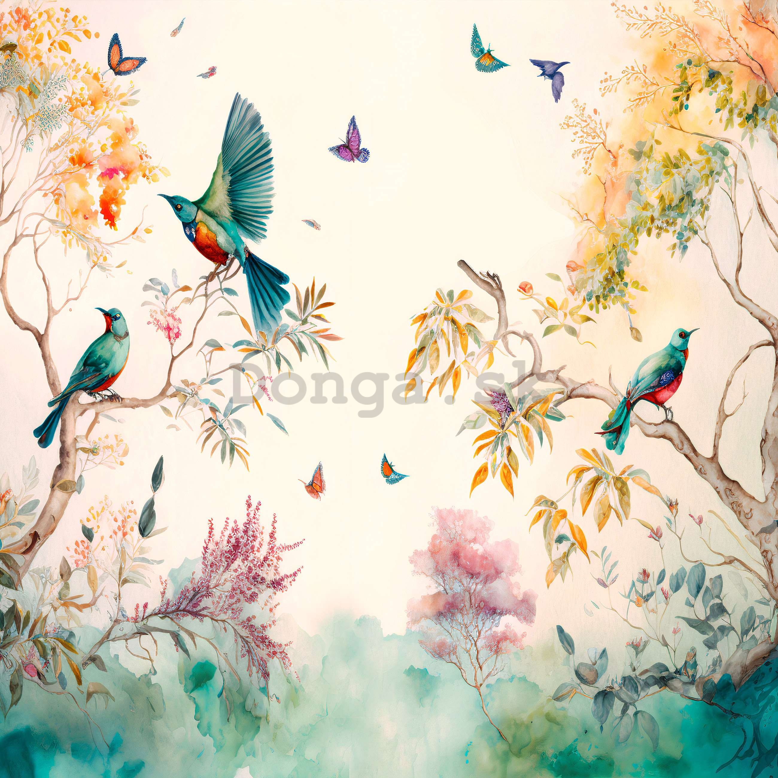 Fototapeta vliesová: Ptáci na stromech (malované) - 254x184 cm