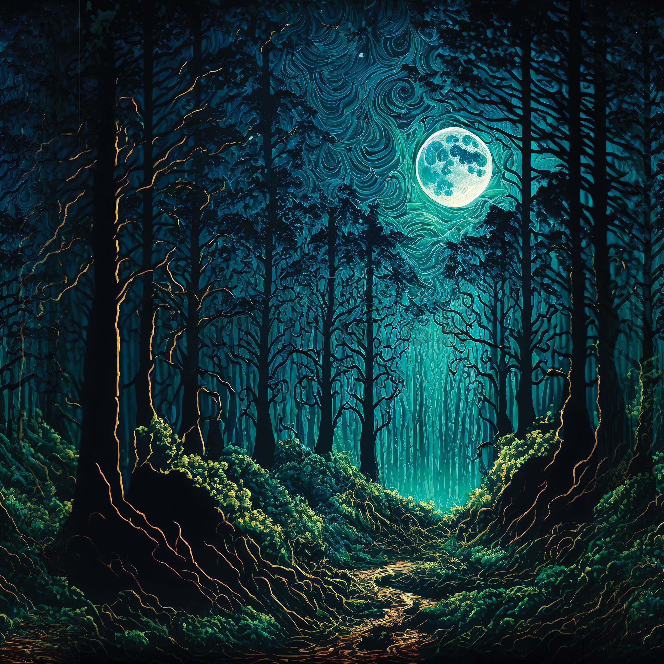 Fototapeta vliesová: Kouzelný les za svitu měsíce - 254x184 cm