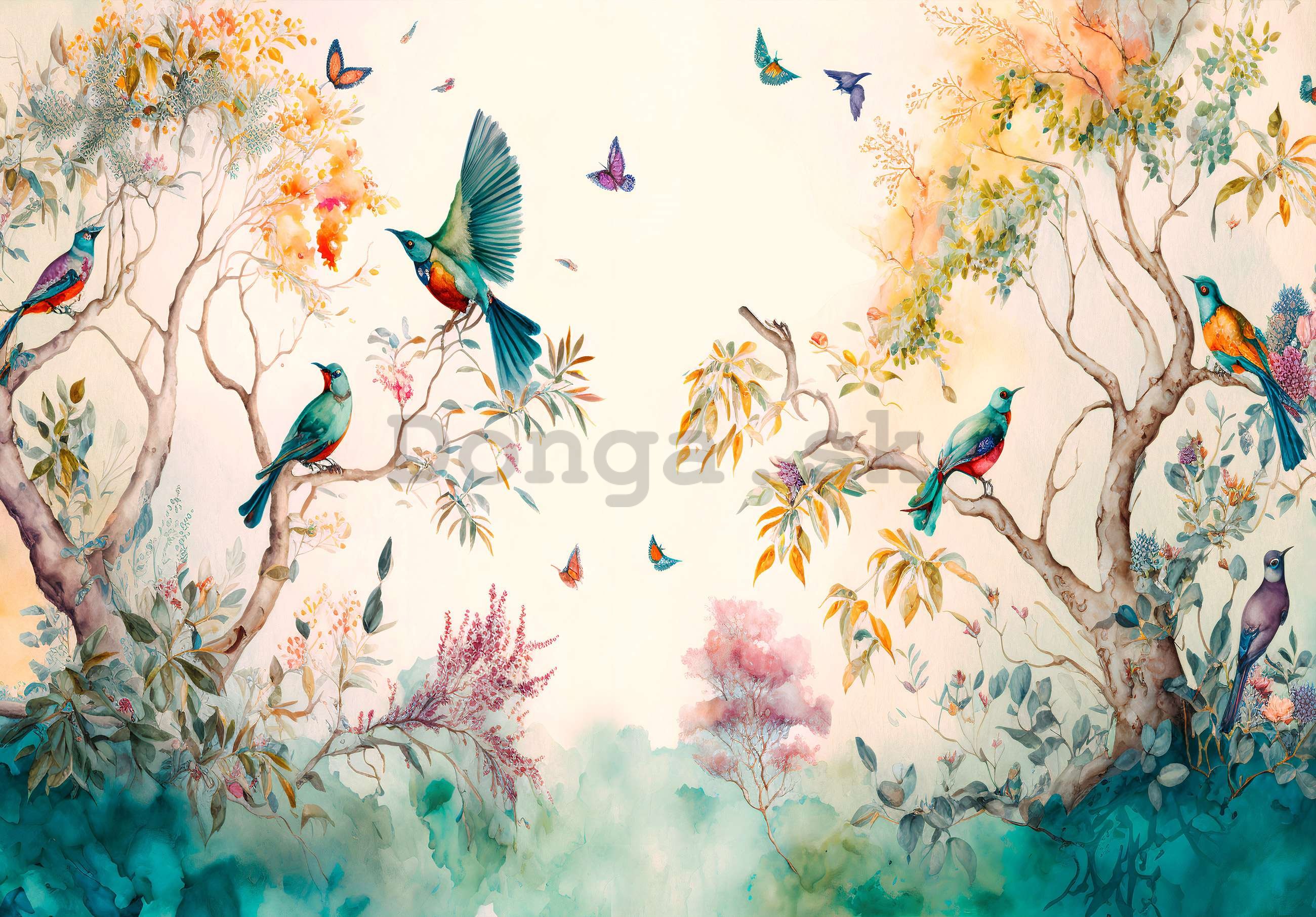 Fototapeta vliesová: Ptáci na stromech (malované) - 368x254 cm