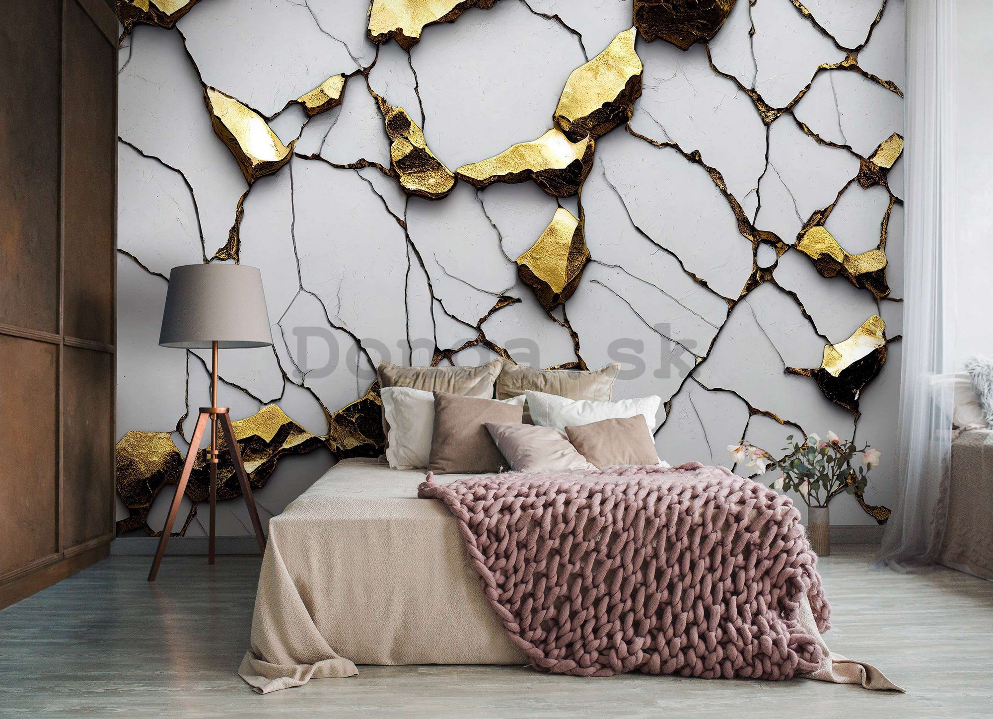 Fototapeta vliesová: Glamour imitace zlatého mramoru s bílou zdí - 416x254 cm