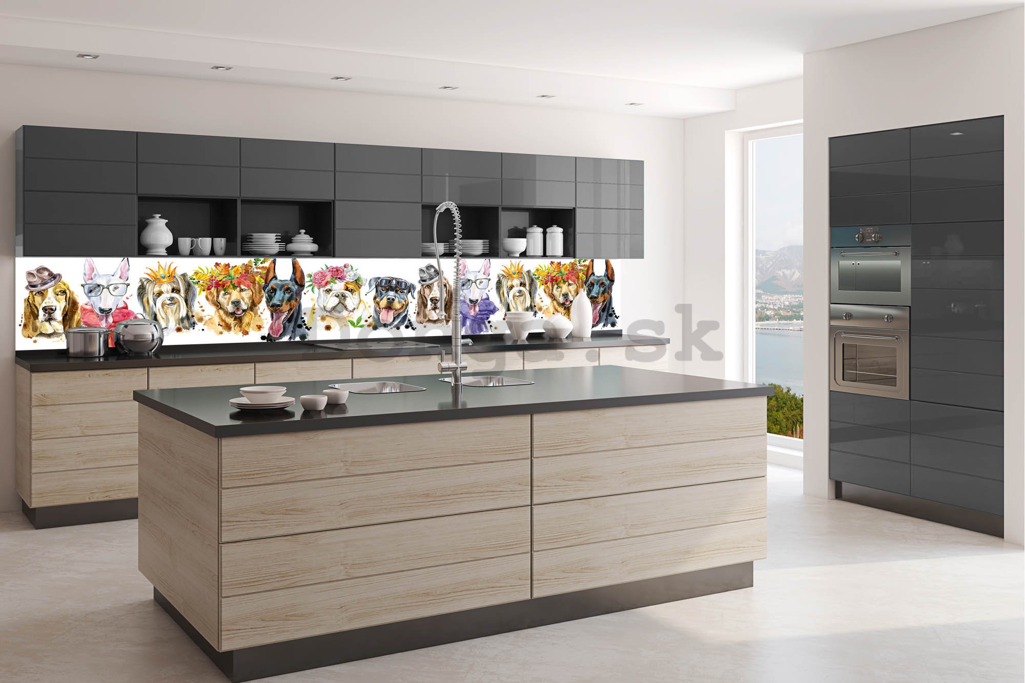 Samolepiaca umývateľná tapeta za kuchynskú linku - Portréty psov, 350x60 cm