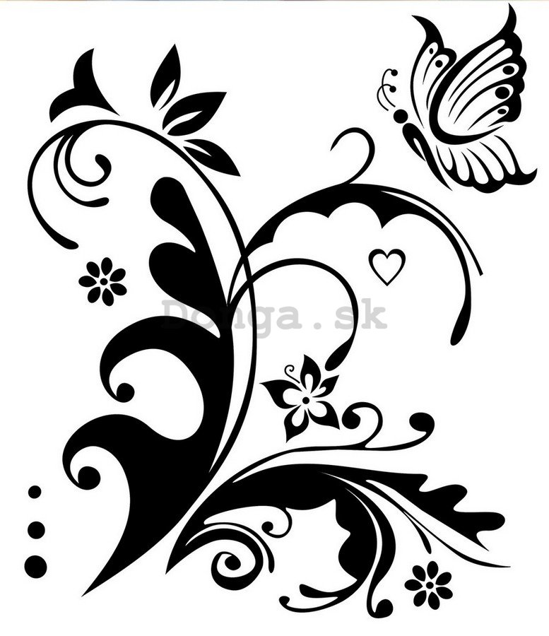 Samolepka - Motýľ a kvetina (čiernobiely)