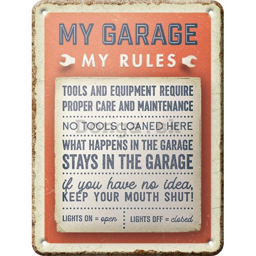 Plechová ceduľa: My garage, My rules - 15x20 cm