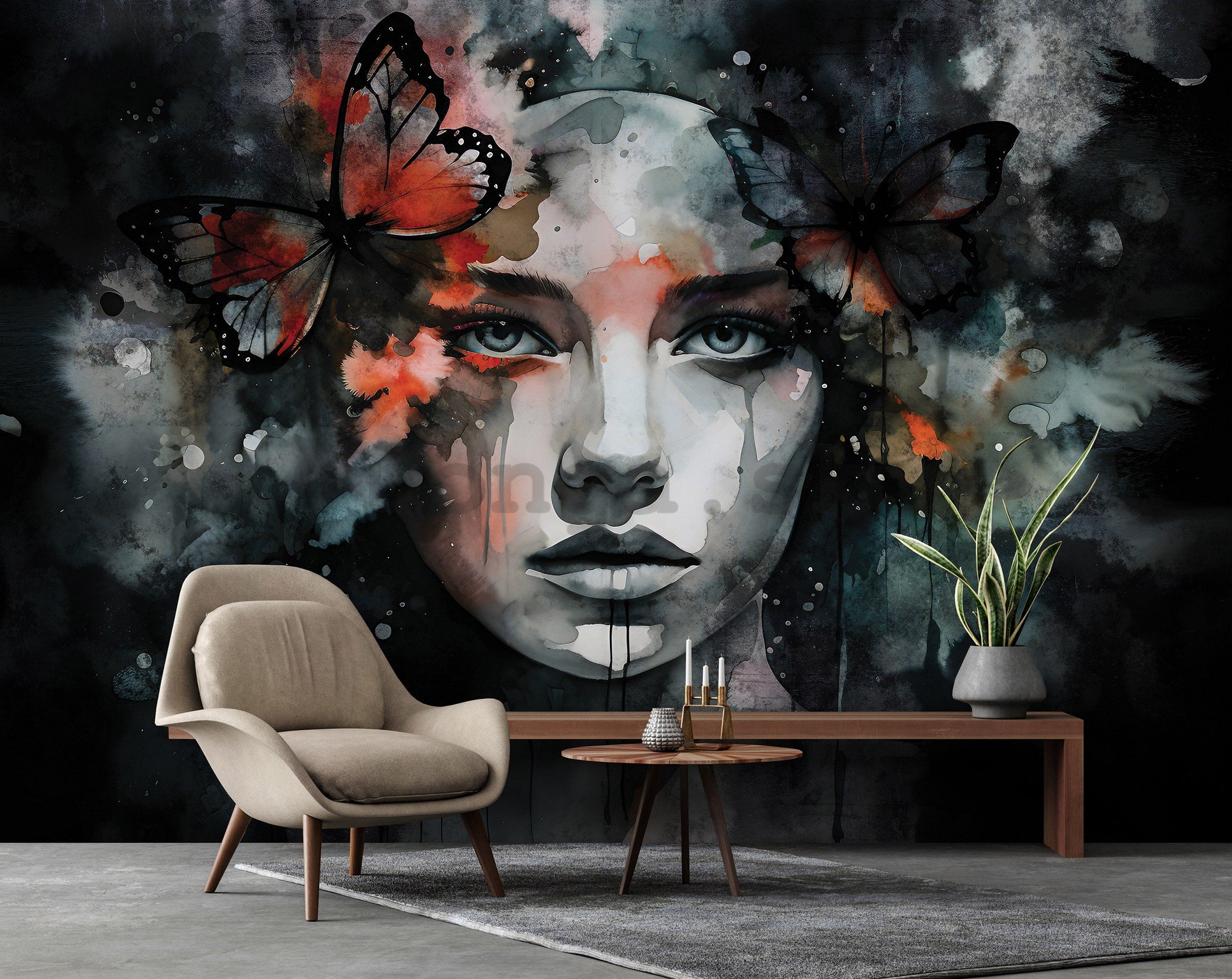 Fototapety vliesové: Art watercolour woman butterfly - 254x184 cm