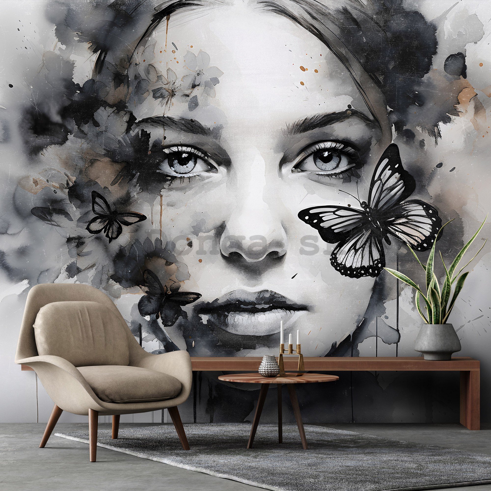 Fototapety vliesové: Art watercolour woman butterfly (1) - 254x184 cm