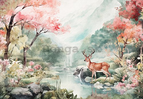 Fototapety vliesové: Landscape Painted Forest Deer - 254x184 cm