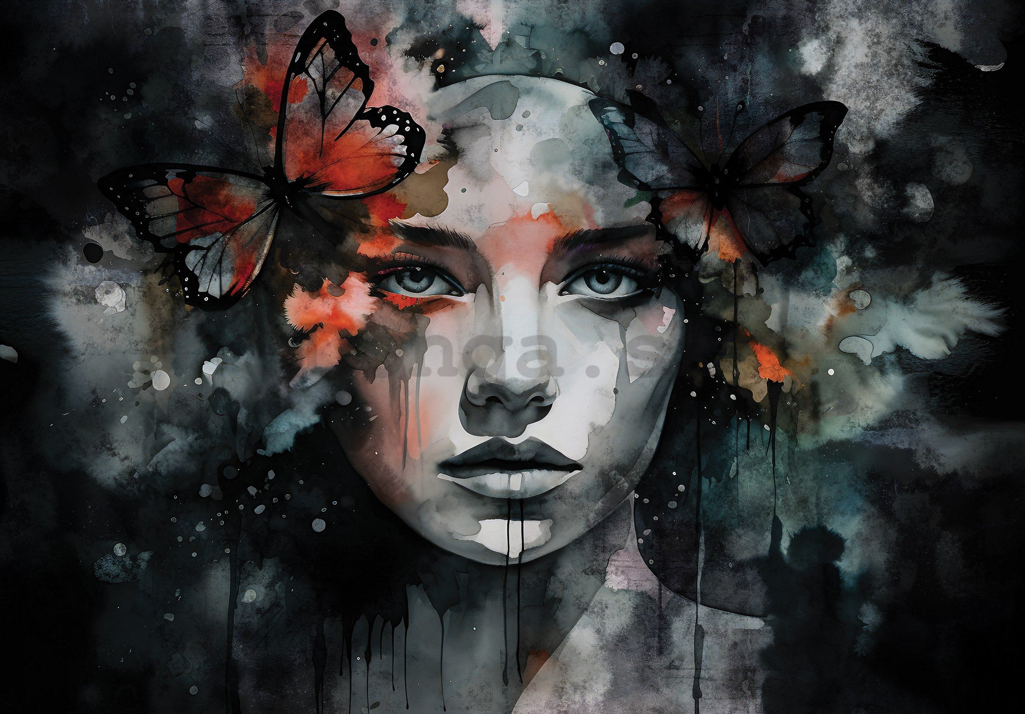 Fototapety vliesové: Art watercolour woman butterfly - 368x254 cm