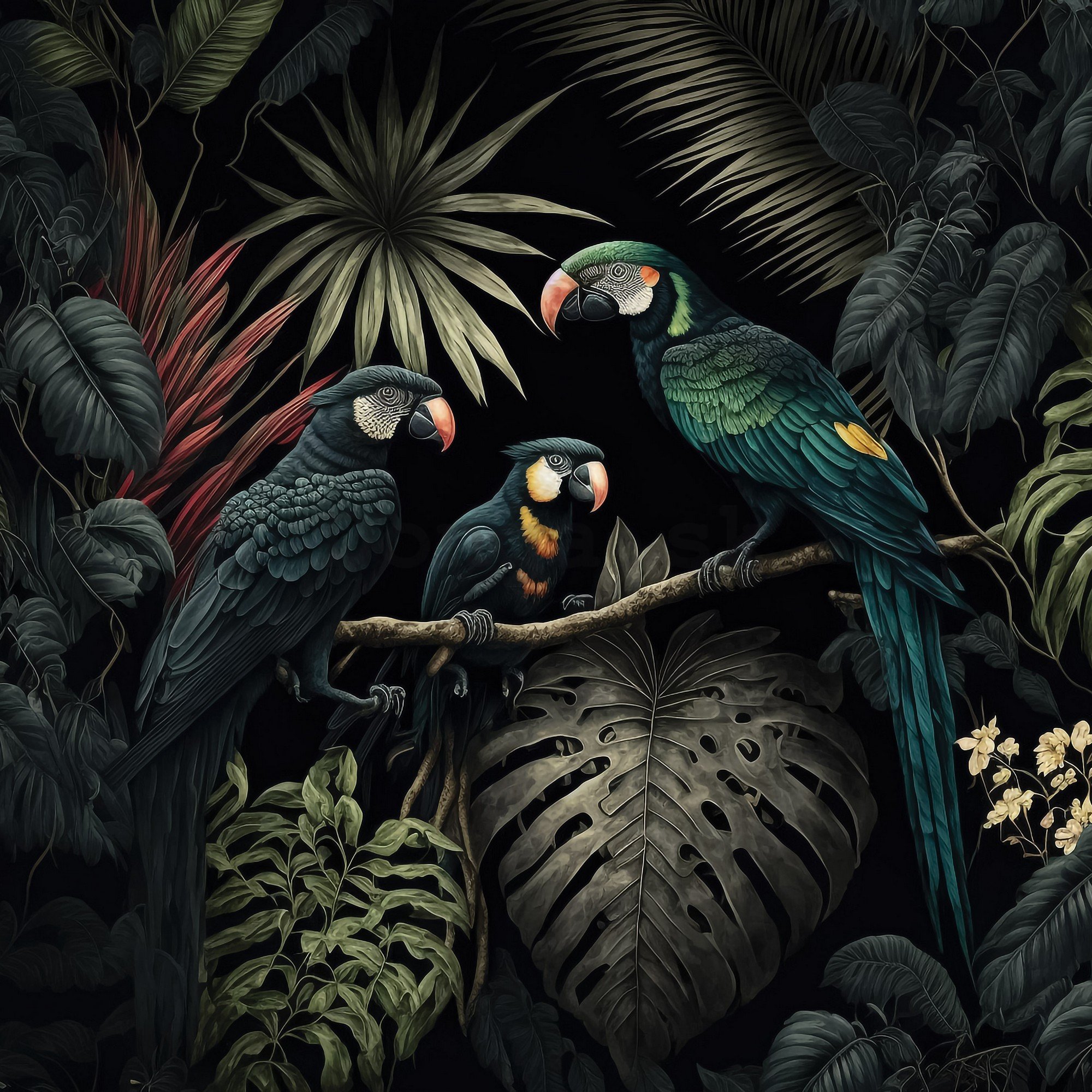 Fototapety vliesové: Nature jungle parrots leaves - 368x254 cm