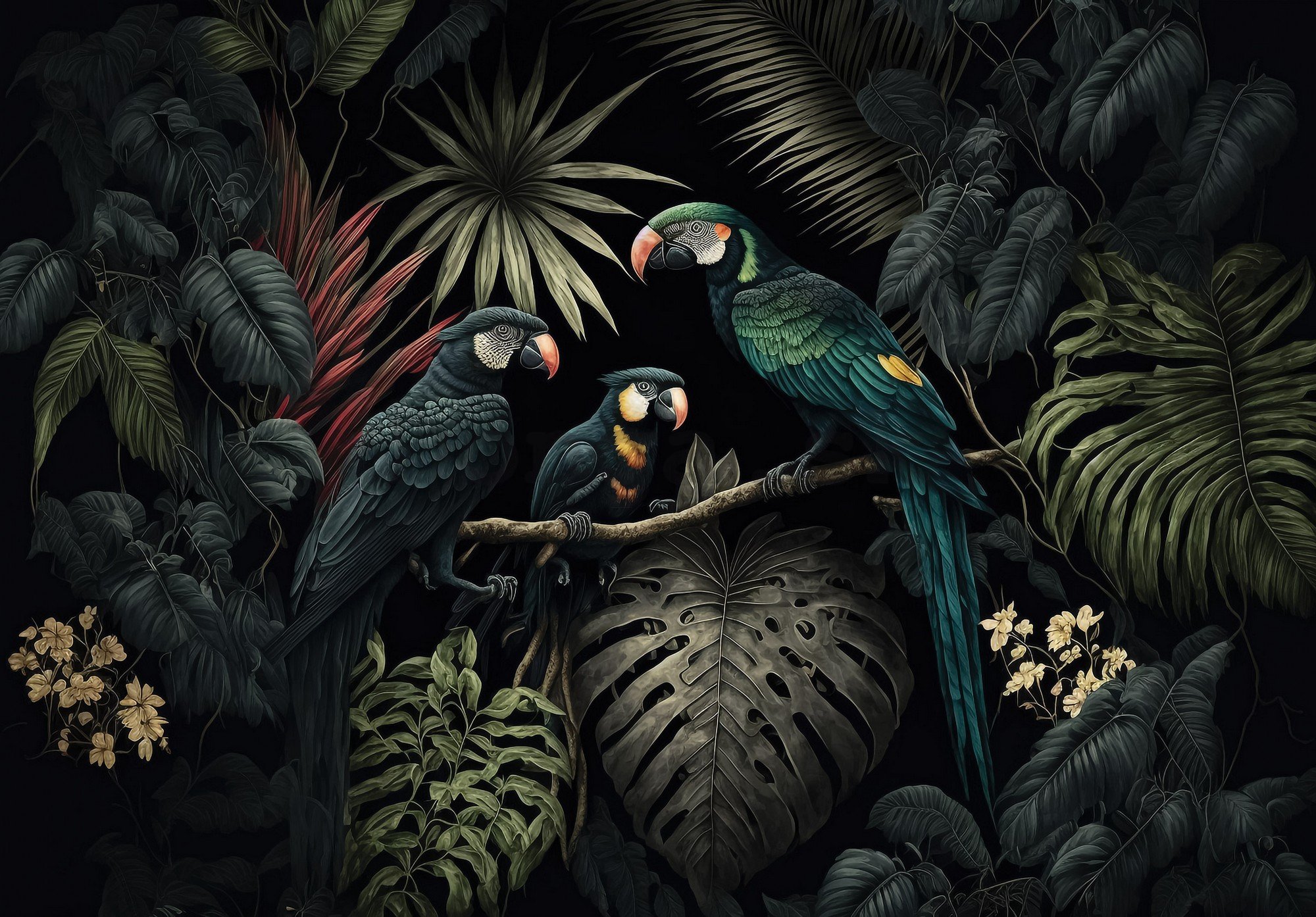 Fototapety vliesové: Nature jungle parrots leaves - 368x254 cm