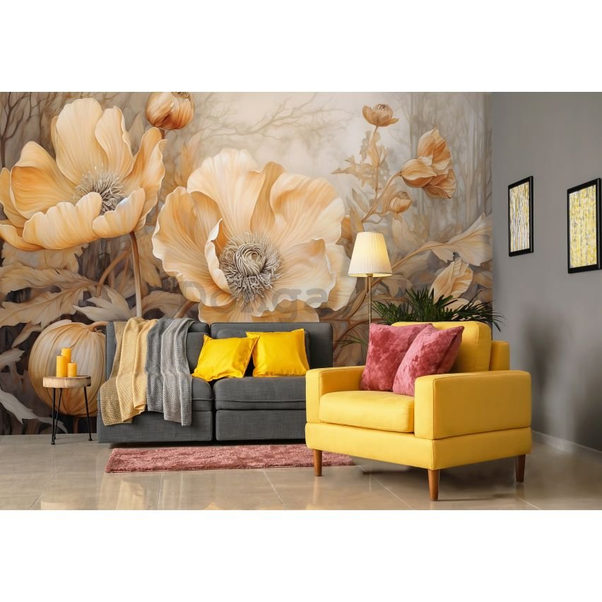 Fototapeta vliesová: Art Nature Beige Big Flowers - 152,5x104 cm