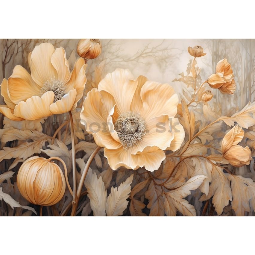 Fototapeta vliesová: Art Nature Beige Big Flowers - 152,5x104 cm