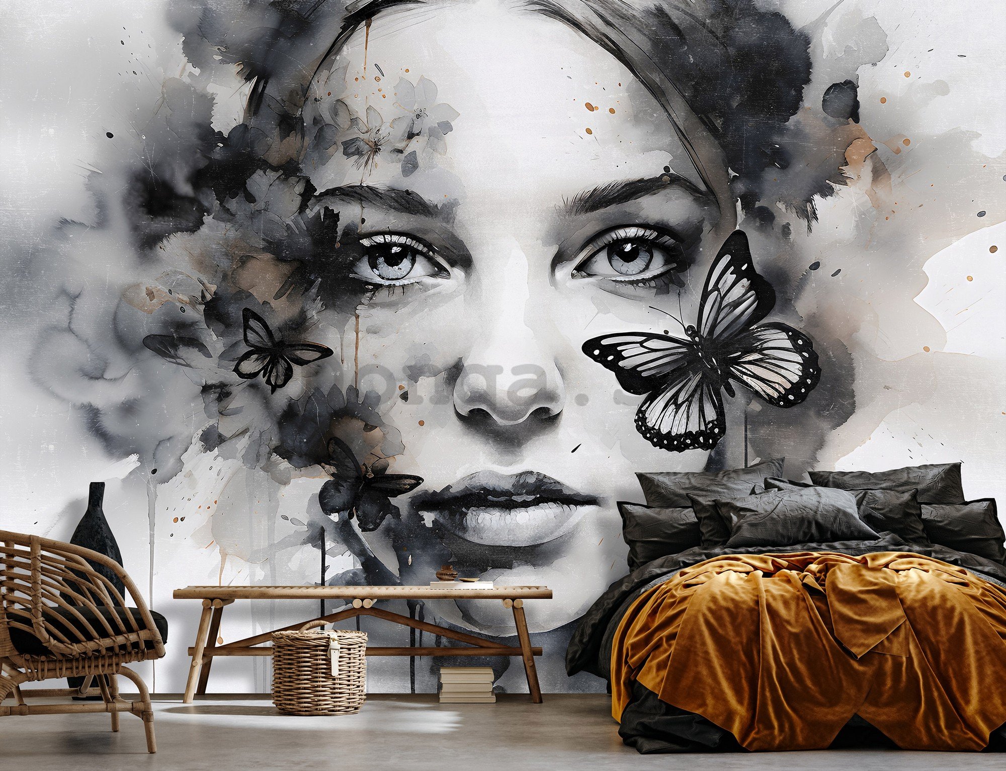 Fototapeta vliesová: Art watercolour woman butterfly (1) - 208x146 cm