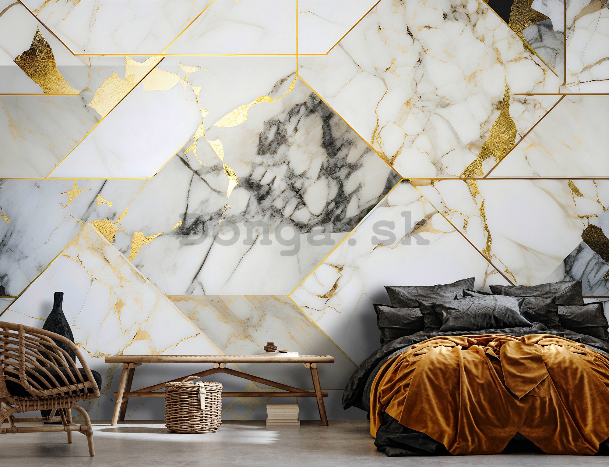 Fototapeta vliesová: Imitation marble gold geometry - 208x146 cm